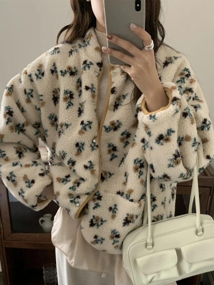 

Double-Sided Wearable Floral Fce Jaet Women's Sli Retro Fre Winter Warm Cotton Coat Versatile Matching Spring Autumn