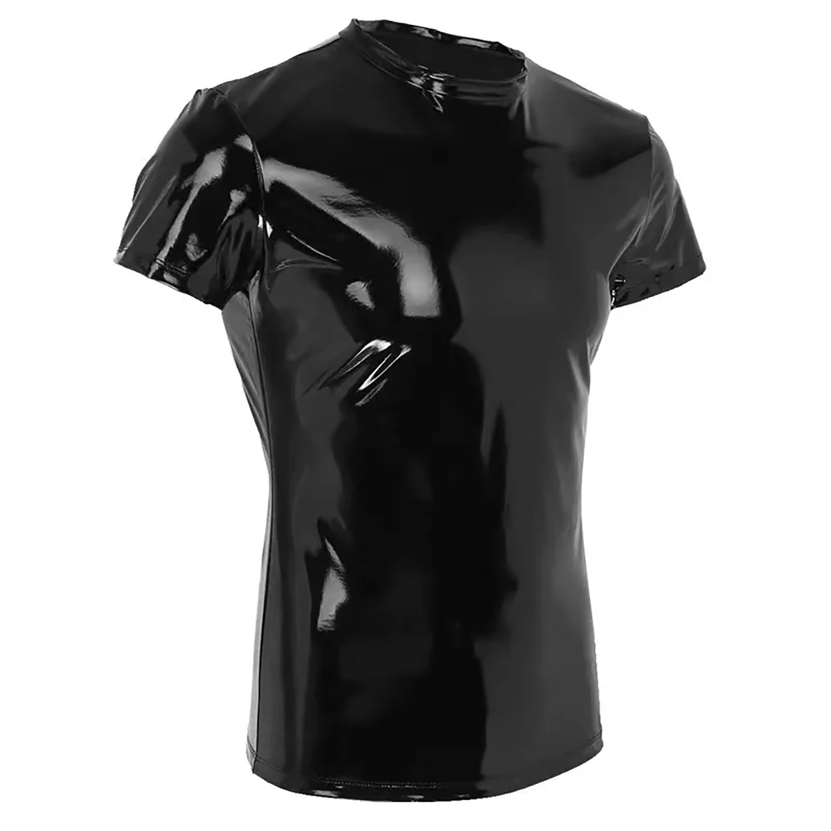 S-7XL Plus Size Mens Shiny PVC Leather Crewnecks T-Shirts Wetlook Latex Short Sleeve Shirt Male Glossy Leather Casual Vest Sexi