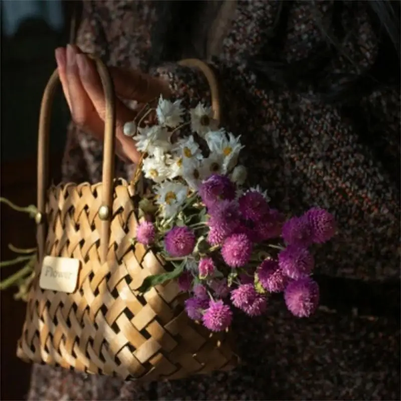 Wicker Baskets Woven Hand-Held Wicker Cachepot For Flowers Bamboo Basket Decorative Flower Girl Basket Storage Baskets