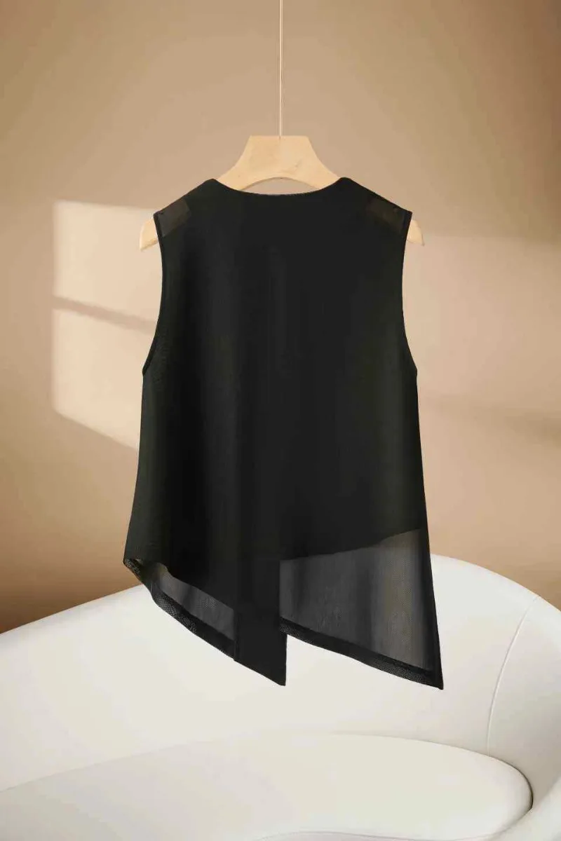 Summer Mesh Vintage Temperament O Neck Sleeveless Vest Office Lady Lrregular Design Vest Single Breasted Women Clothes