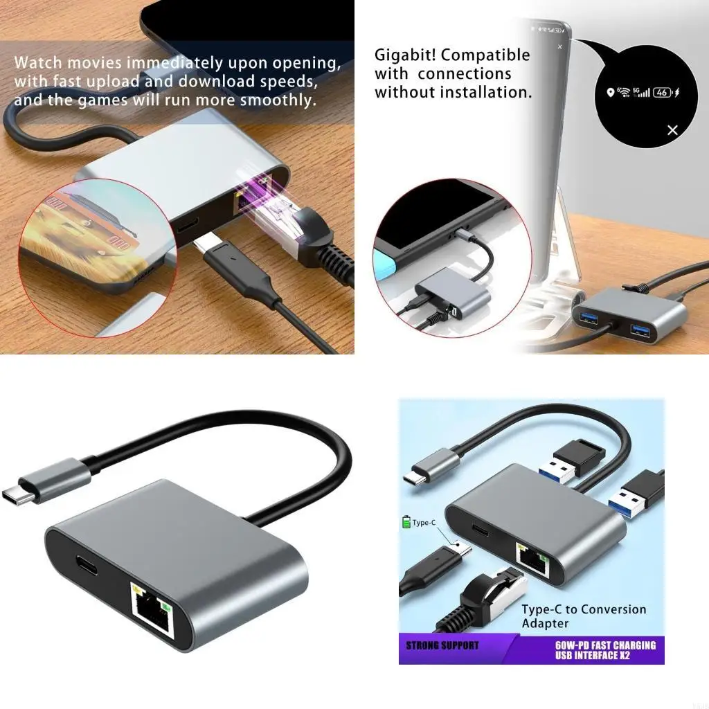 

Y5JB PD60W USB C Ethernet Adapter 1000Mbps Networking LAN Converter for Laptop and PC