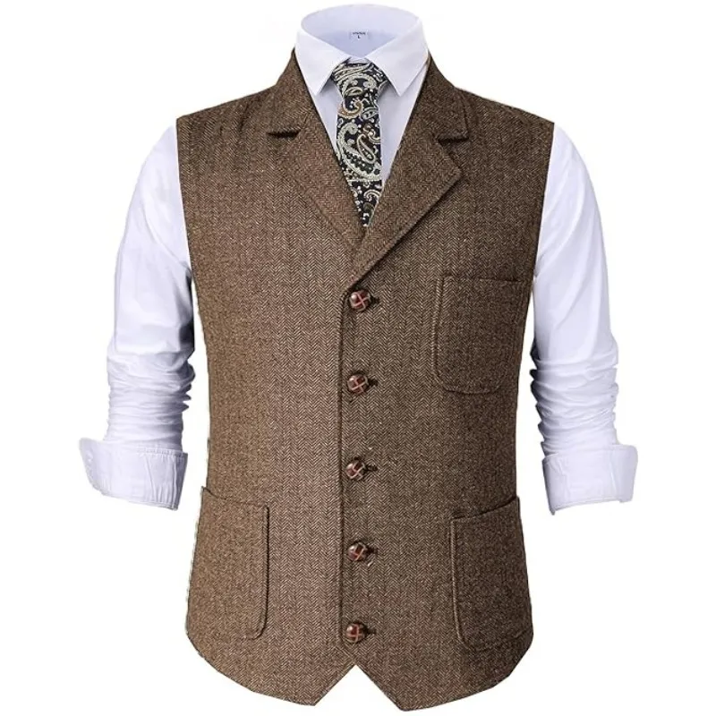 

Men Vest Brown Herringbone Gentleman Business Waistcoat Vintage Regular Slim Banquet Men Suit Vest