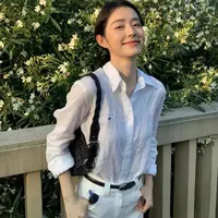 Classic Preppy Style Embroidered Linen Shirt Women Casual Fashion Celebrity Street Style Commute Button up Top