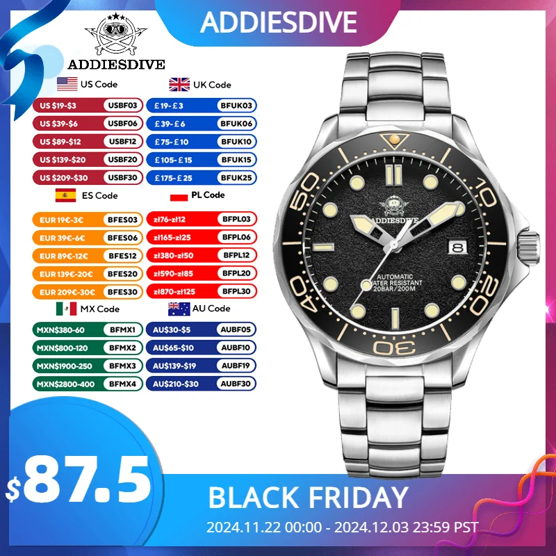 ADDIESDIVE Men's Luxury Watch Sapphire Crystal C3 Super Luminous 20Bar Waterproof relogios masculinos Automatic Mechanical Watch