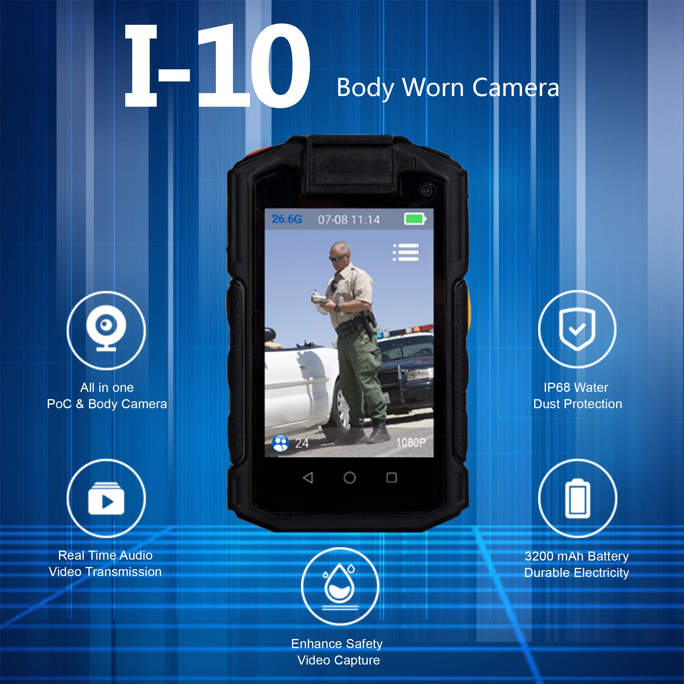 

Inrico-Body Worn Camera, Night Vision, WiFi, NFC, Poc Radio, SOS, Audio Video, Alarm Network, Walkie Talkie, Police Body Camera