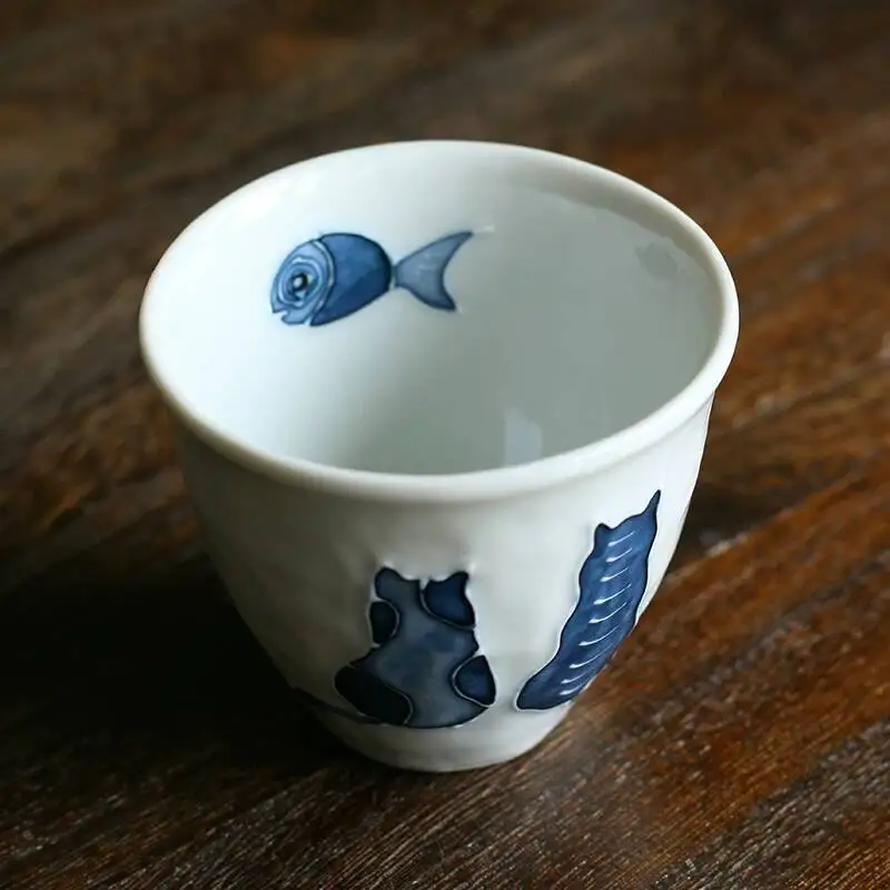 Special Offer: Imported Arita Ware Hand-Painted Dyed Cat And Fish Ceramic Water Tea Cup, Japanese Handmade Pottery