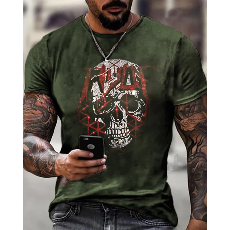 New High Quality Fashion Men's Clothing Oversized Tee y2k Skull Rhinestone Designer Short Sleeve Tops Home Casual Street t-shirt