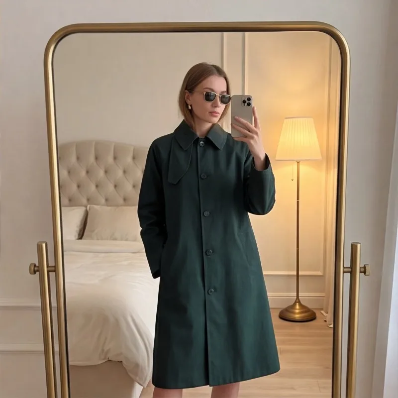 Guobioziy 2026 New Smart Casual Commute Women Mid Length Trench Coat Lapel Collar Single Breasted Loose Raglan Windbreaker