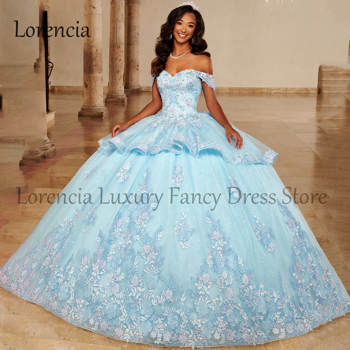 

Quinceanera Dress Ball Gown Mexican 3D Flower Lace Off Shoulder Crystals Appliques Corset Sweet 15 16 Formal Vestidos XV Años