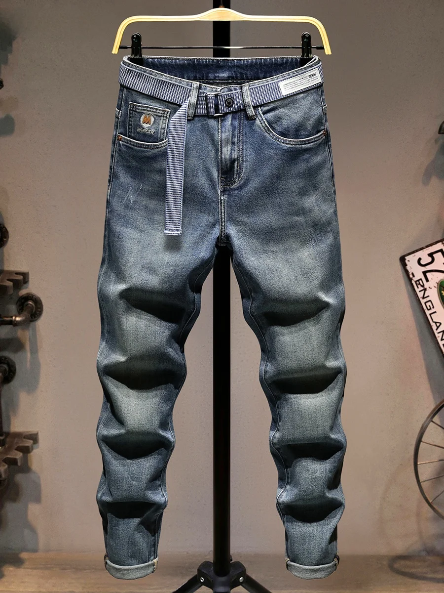 

Синие мужские джинсы Slim Fit: новая модная эластичная модель для весны и осени, хлопковые стрейчевые джинсы из денима, молодежные, с завышенной талией