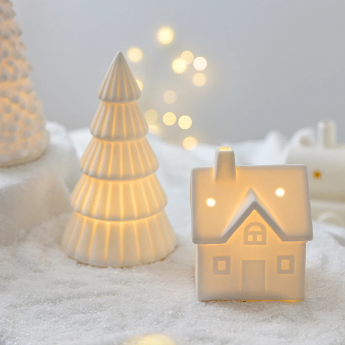 Christmas Ceramic House Desktop Decoration Glowing Christmas Snowhouse Snowman Christmas Tree Decoration