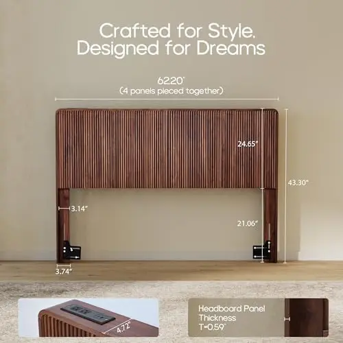 Wood Headboard Queen Size, Wooden Queen Headboard Only with 2 Outlets and USB & Type C Port, Simple Setup Modern