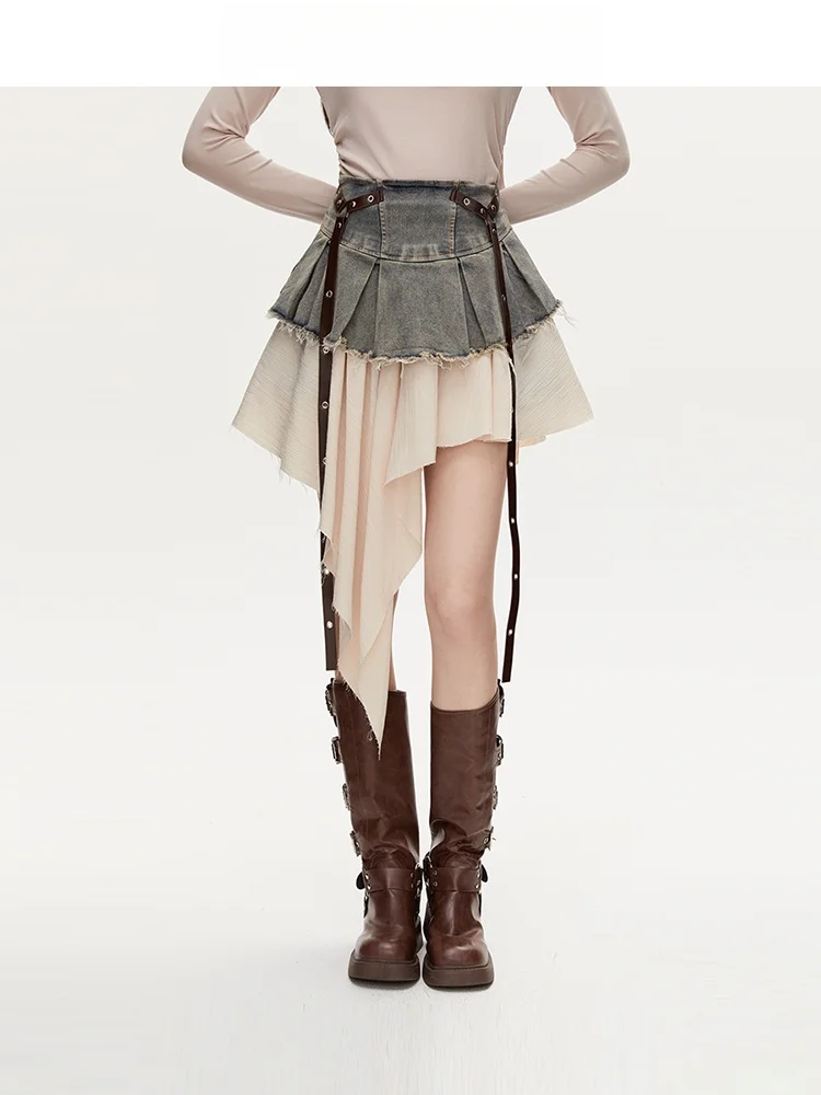 

VIVIHY American Sle Asymmetrical Denim Skirt Women's Autumn Winter Slimming A-Line Skirts High Waist Polyester Fiber