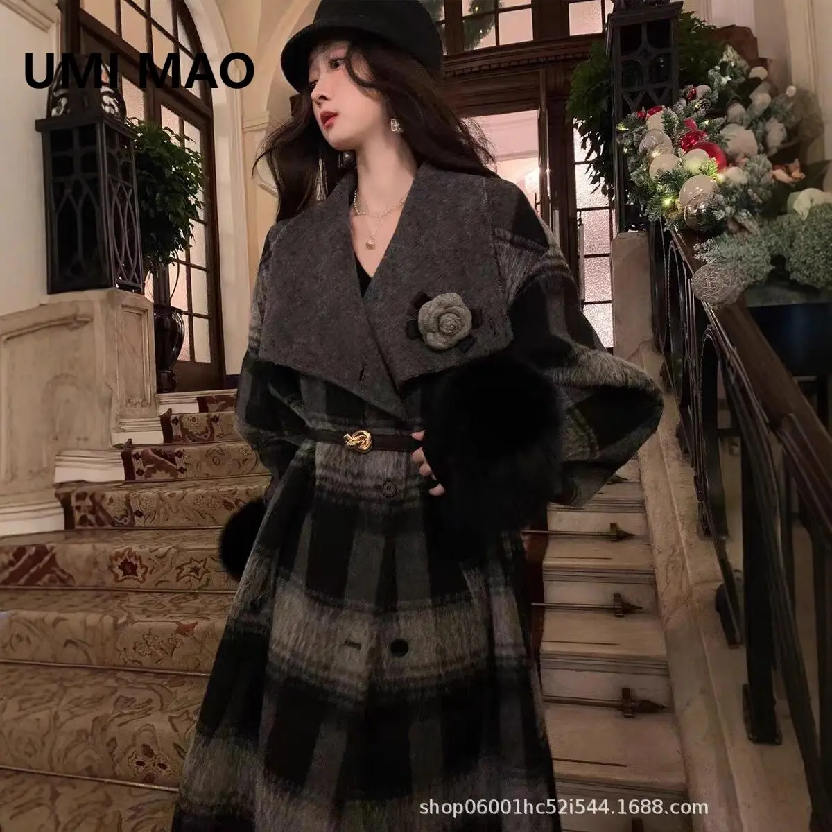 

UMI MAO женское пальто, новое свободное художественное студенческое градиентное черное, серое клетчатое зимнее модное элегантное двустороннее джинсовое пальто