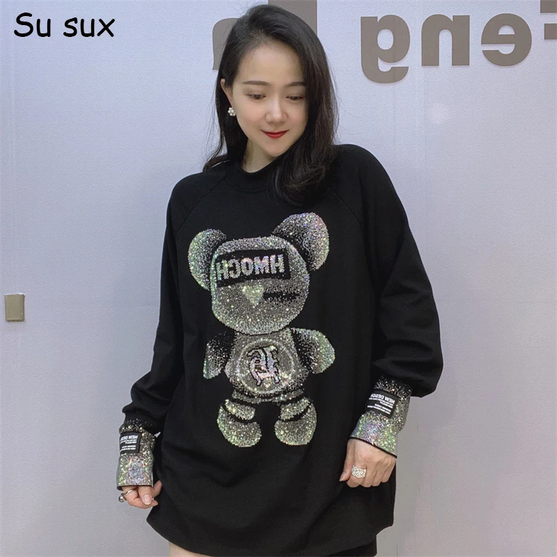 Cartoon Bear T Shirt Women Tops Y2k Clothes Plus Size Casual O Neck Long Sleeve Black Tees Vestidos Streetwear 2024 Bust 125cm