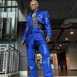 2024 Royal Blue Shrugged Leather Jacket Pants Performance Suit Nightclub Bar Dj Stage Costumes Men Women Jazz Streetwear DN17448