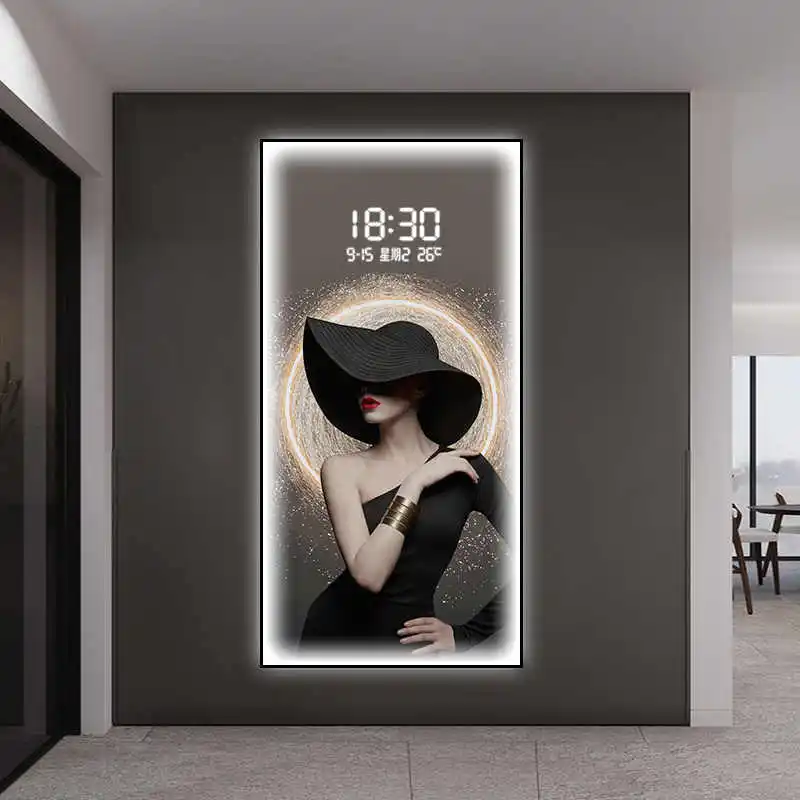 Character painting, living room entrance decoration painting, high-end LED with lights, clock background wall mural