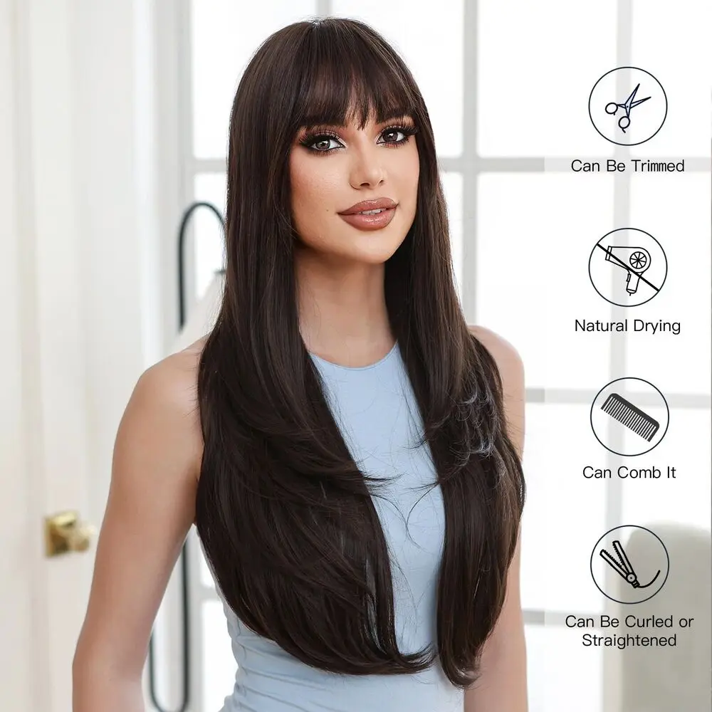 Brown Synthetic Long Layered Straight Wig with Bangs