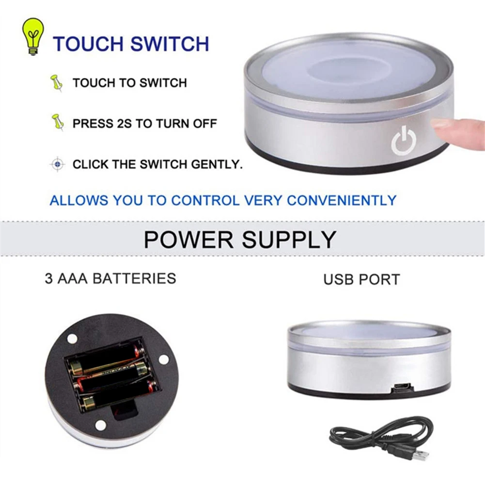 Base lumineuse LED avec toucher sensible, présentoir rond coloré, verre cristal 3D, cadre photo d'art, argent concave