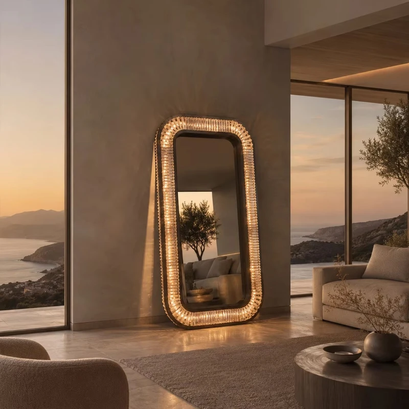 Art Deco LED Floor Mirror Full-length Independent Decorative Makeup Mirror for Living Room Wedding Decoration