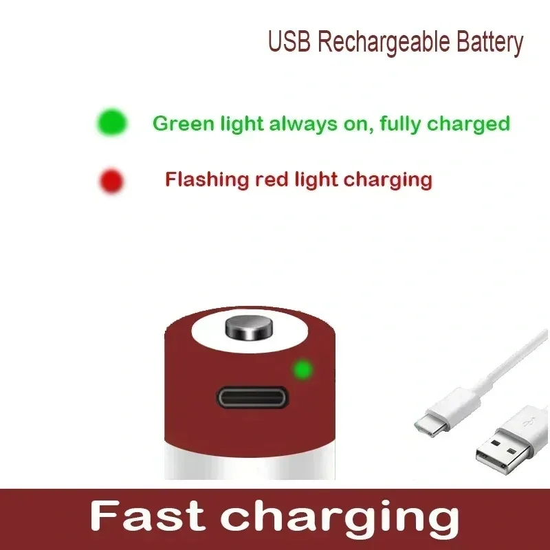 1.5V D Size Lithium-ion Battery 12000mAh USB Rechargeable for Flashlights Water Heaters Toys Includes Free Charging Cable