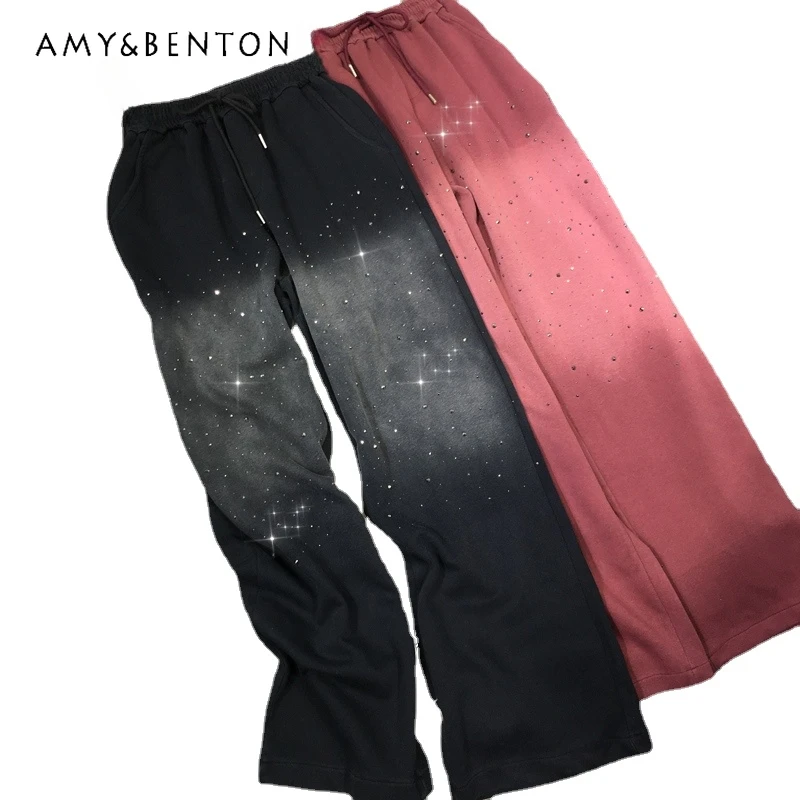 Fall Heavy Embroidery Diamond Drills Wide-Leg Pants Women's High Waist Slimming Gradient Color Long Pants Casual Sports Trousers