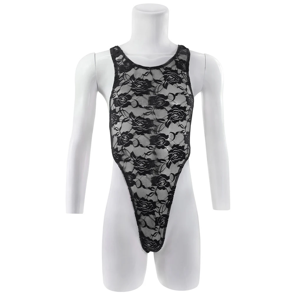 

Men Lace Bodysuit Sleeveless Leotard Jumpsuit Tank Thin Transparent Slimming Undershirt Breathable Elasticxity Underwear