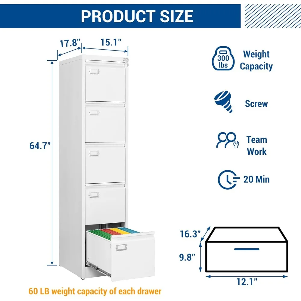 Vertical 5-Drawer Lockable Metal Filing Cabinet - White 17.8 Deep Storage for Home Office Hanging Files