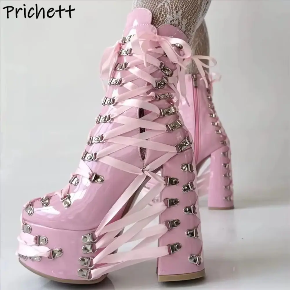 

Black Pink Cross Tied Ankle Boots Ribbon Metal Buckle Round Toe Platform Chunky Heels Shoes Women's Sweet Lolita Ankle Boots