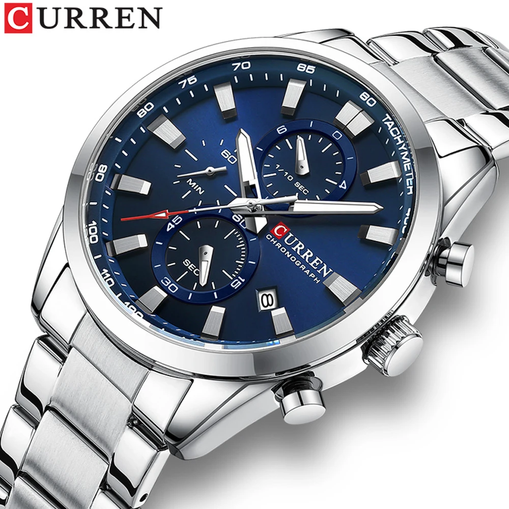 CURREN Fashion Brand Watches for Men Multifunction Quartz Wristwatch with Sub-dials Stainless Steel Bracelet Clock Diameter 44mm