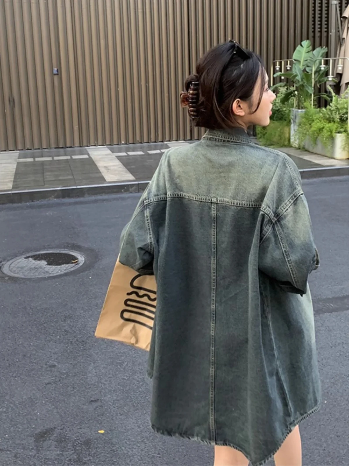 

Denim Coats Jacket For Women Womens Summer Canvas Hollowed Out Pocketed Balloon Sleeved Minimalist Openwork Sashes Feminine Chic