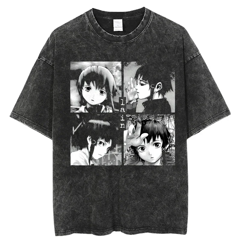 

Japanese Anime Serial Experiments Lain Vintage Washed T Shirt Summer Men Women T Shirt 2024 Harajuku Casual Short Sleeve Tees