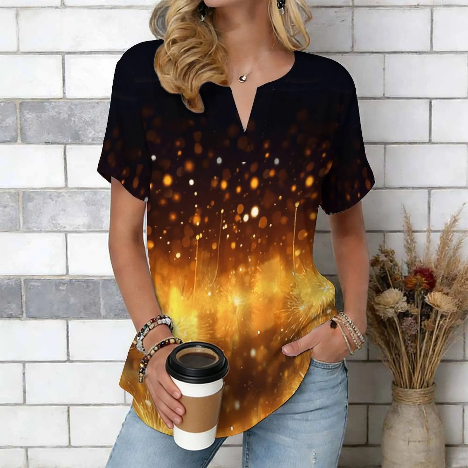 Women Print Notched V Neck Short Sleeve Casual Loose Tunic Tops