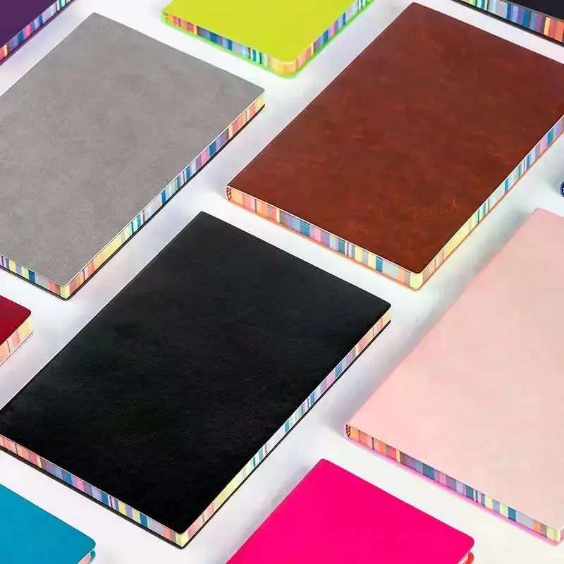 1pc A6 Soft Leather Cover Rainbow Edge Notebook with 100 Sheets Office School Student Work Meeting Record Book Office Diary