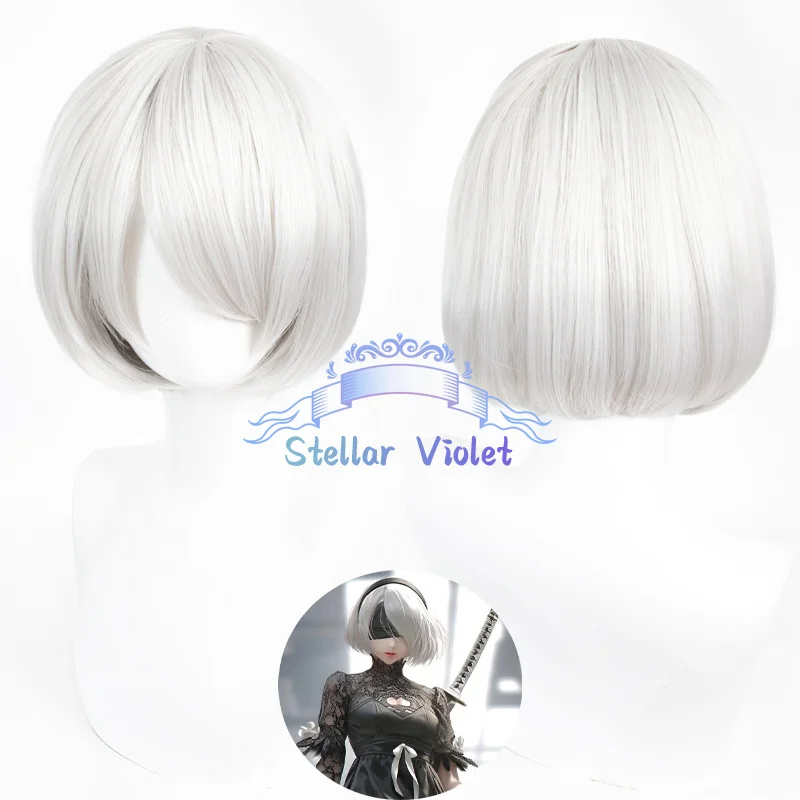

Anime Nier Automata 2B Cosplay Wig Silver White 30cm Short Heat Resistant Synthetic Hair Halloween Anime Party Wigs + Wig Cap