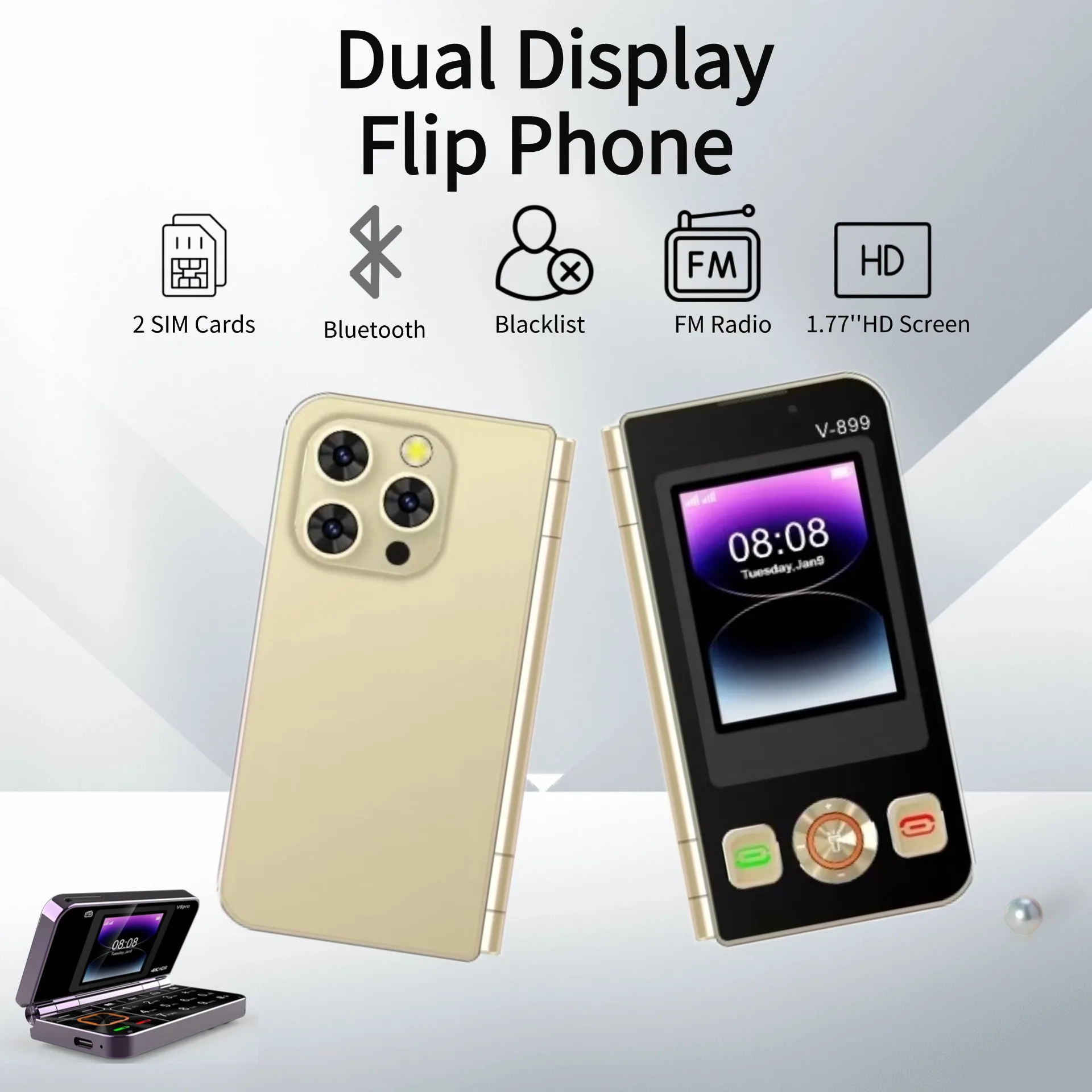 Mafam V899 Классический сложенный кнопочный телефон-раскладушка с двумя экранами, фонарик небольшого размера, двойной карман для SIM-карты, телефон для пожилых людей, разблокирован Mafam V899 Классический сложенный кнопочный телефон-раскладушка с двумя экранами, фонарик небольшого размера, двойной карман для SIM-карты, телефон для пожилых людей, разблокирован