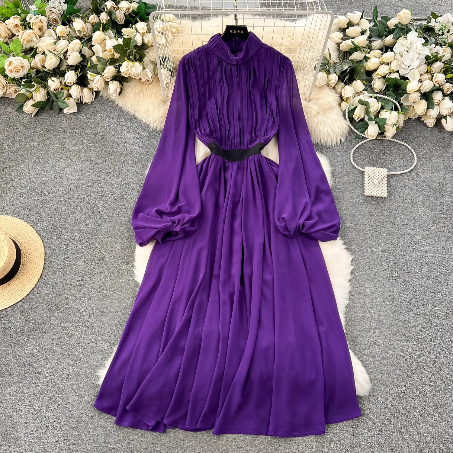 

Luxury High Quality Fashion Women Spring Summer Chiffon Stand Collar Lantern Sleeve Big Swing Party Holiday Casual Dresses