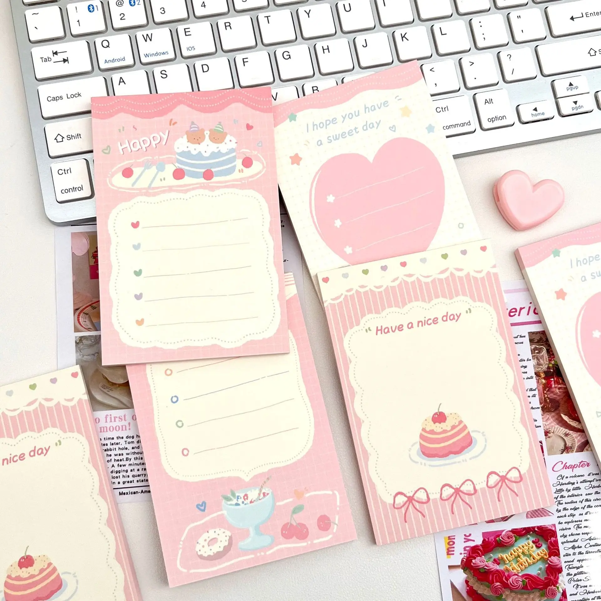 2Pcs A7 Pink Dessert Cake Memo Pad Ins Cute Notepad 100Sheets Tearable Notepads Cartoon Bear Paper Scrapbooking Journal Supplies