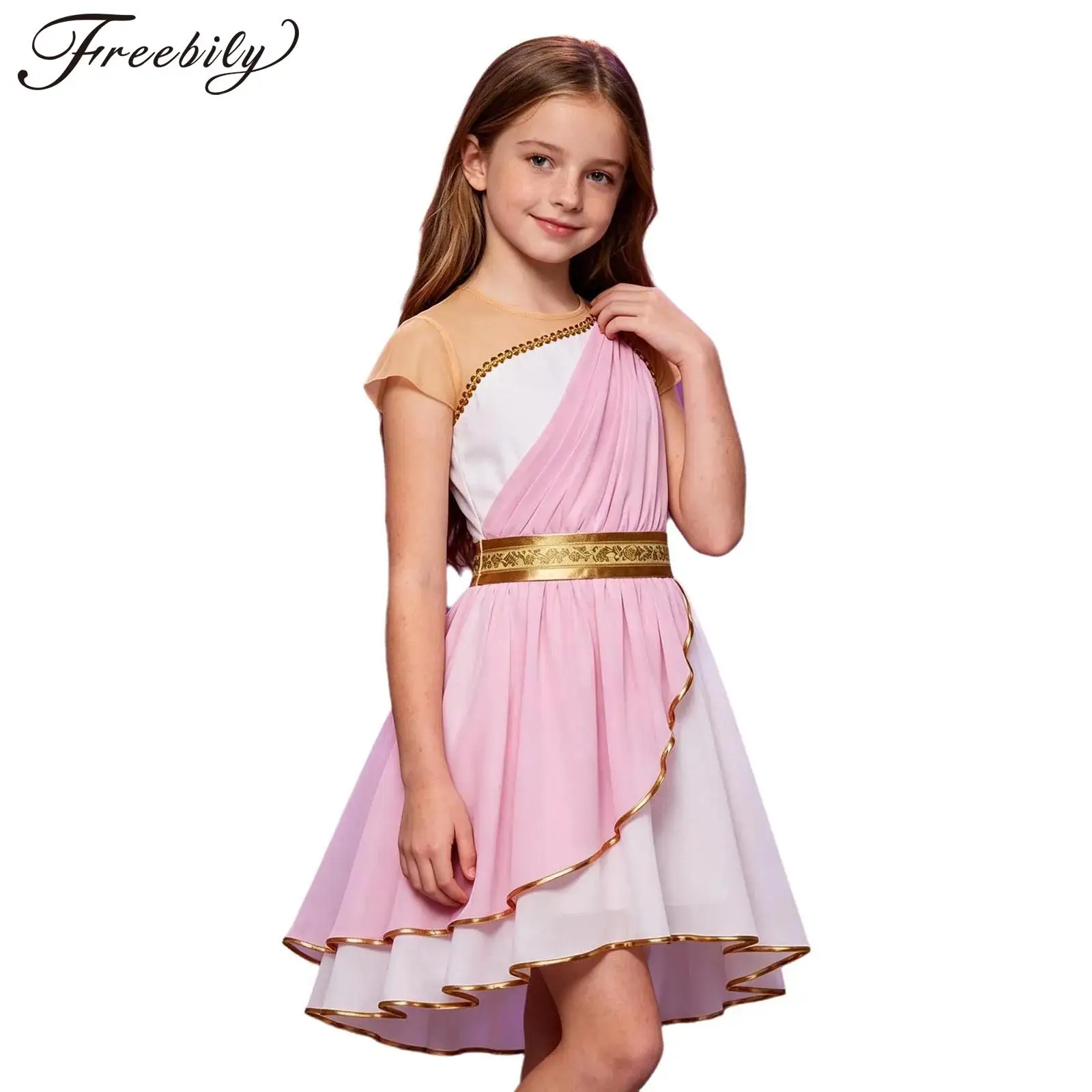Girls Ancient Greek Roman Princess Athena Costume Halloween Cosplay Toga Dress Short Sleeve Metallic Embroidered Chiffon Robe