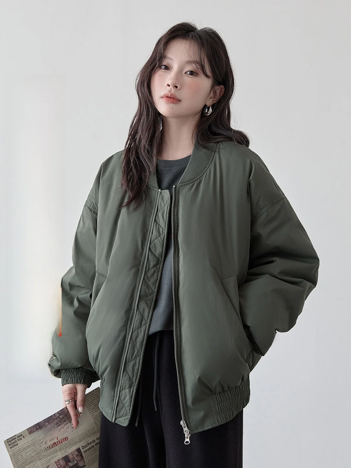 

Женская свободная куртка-бомбер в стиле ретро с двойной молнией HUIXI, корейская версия, теплая, с длинными рукавами, для повседневной носки