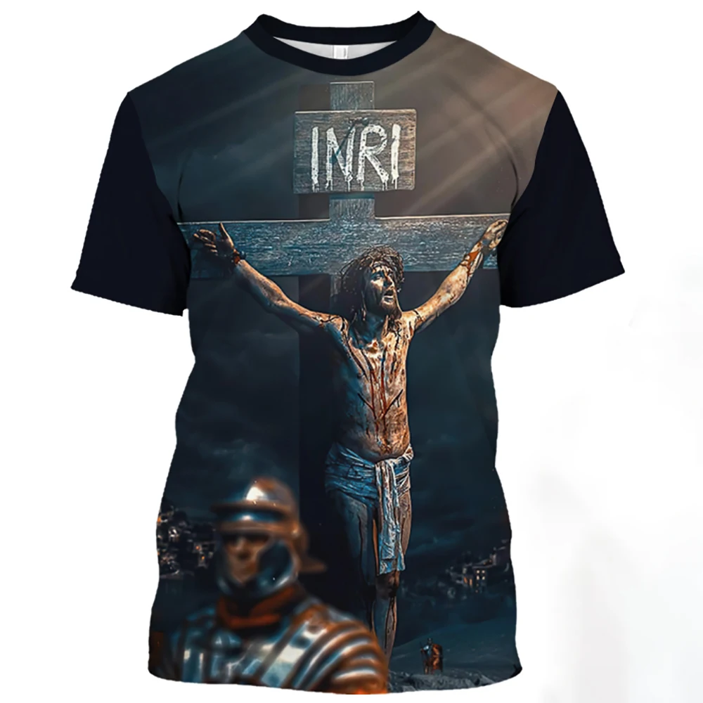 Jesus Christ printed men's T-shirt, round neck casual summer shirt, large, short sleeved, Catholic print, quick drying