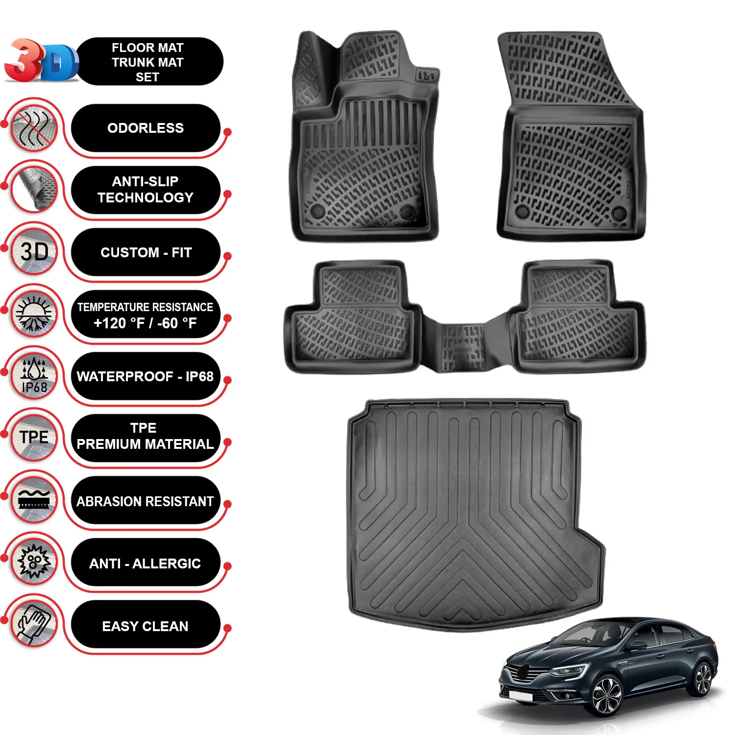 Renault Megane 4 Sedan - (2016-2022) - Floor Mats + Cargo Trunk Liner - SET - (Black)