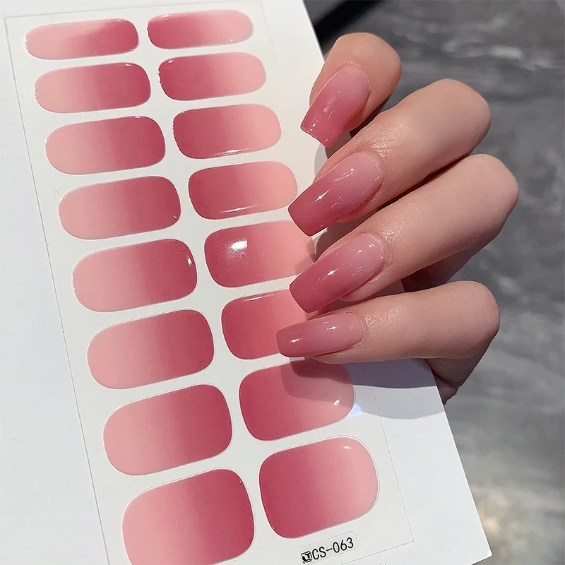 14/16Tip Semi Cured Wrap Gradient Nail Sticker Multi Color Solid Gel Full Cover Slider No Need UV Lamp Cured Gel Nail Decal