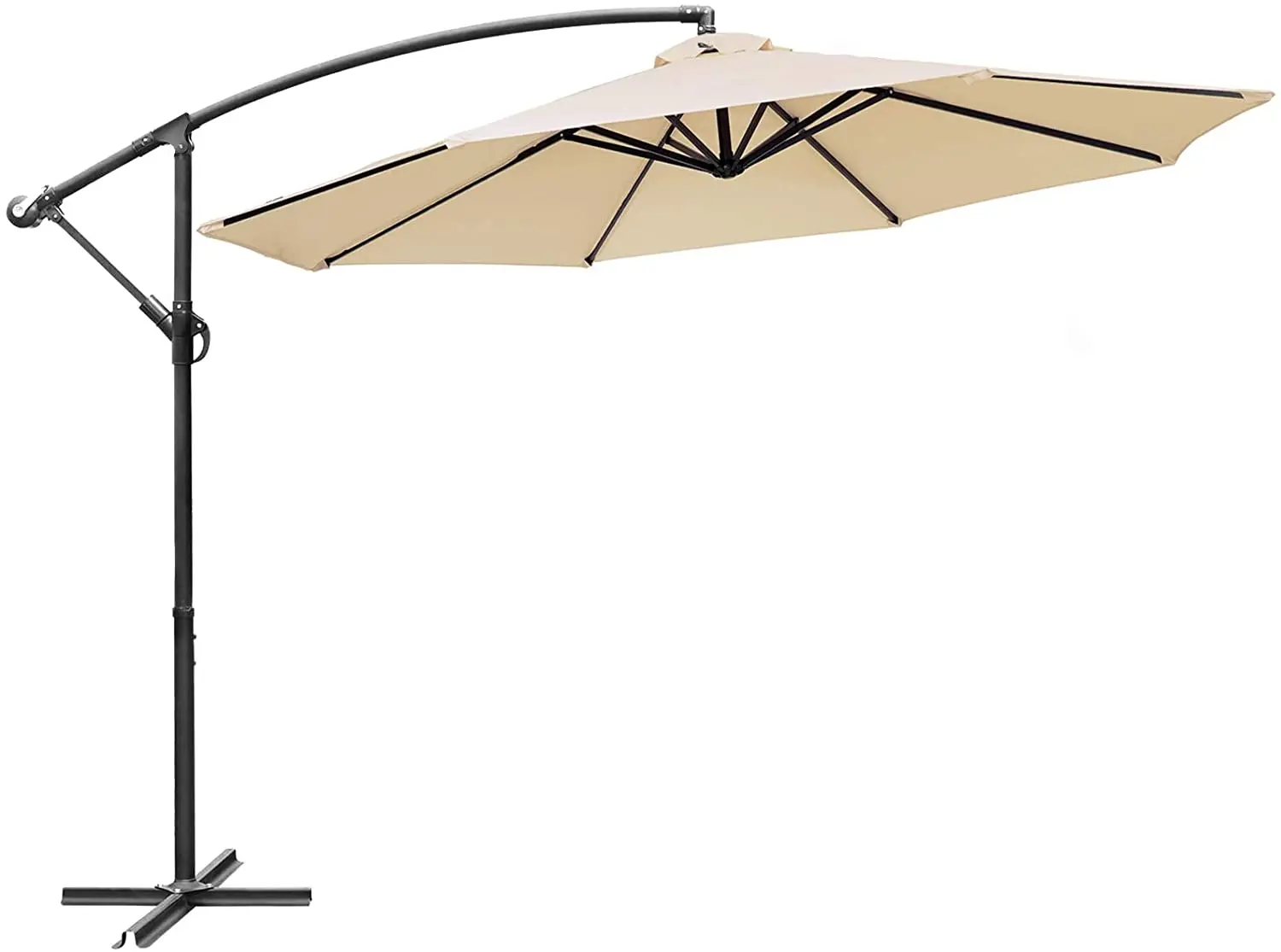 10FT beżowy/niebieski wspornik zewnętrzny parasol na Patio W/korba i krzyż podstawa/kąt pochylenia 8 stalowe żebra poliester [US-Stock]