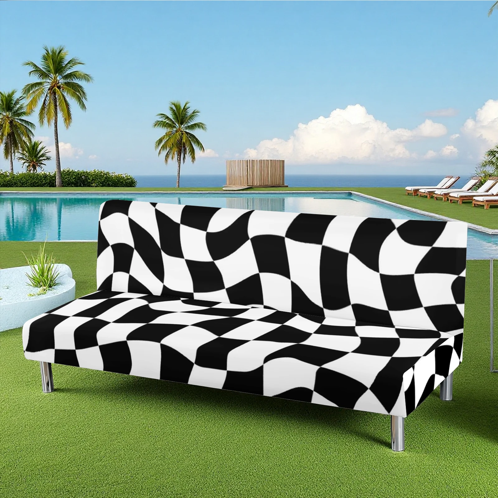 Checkerboard Print Elastic Futon Cover, Summer Outdoor & Indoor Sofa Slipcover, Milk Silk Fabric, Pet - Fri