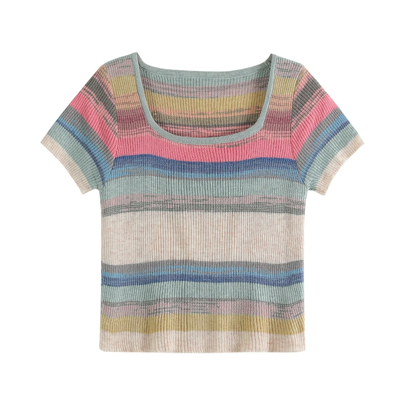 Short-Sleeve Pullovers T-Shirt Summer Colorful Striped Casual Fashion Square Collar Designed New Thin Crop Knitted Top Women