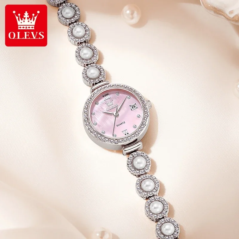 OLEVS 5635 Vollperlen-Handkettenuhr, modisch, elegant, wasserdicht, Damenuhren, Quarz-Armbanduhr für Damen