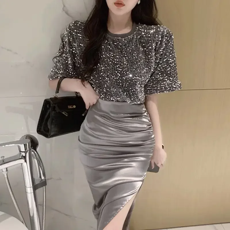 2 Pieces Sets for Women Long Short Sleeve Maxi Sequin Woman Outfit Night Club Mature Sexy Slit Skirt Y2k Streetwear Stylish Full