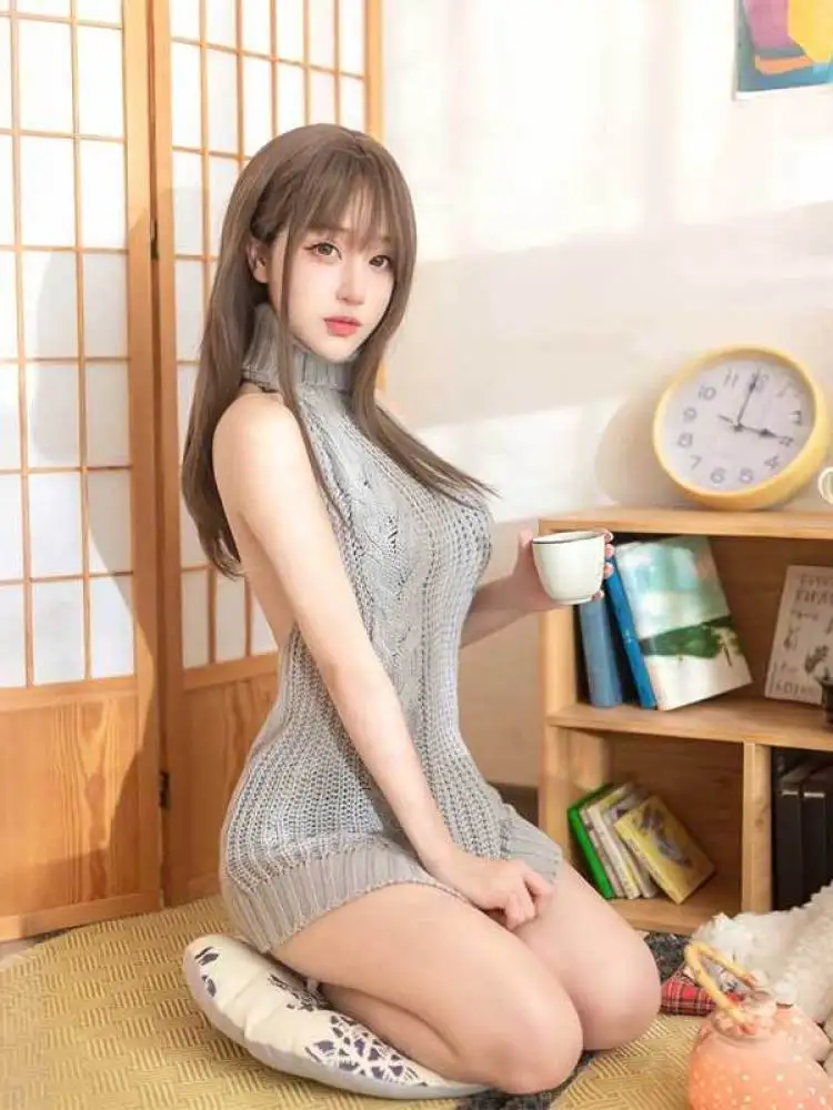 Sexy Loose High Collar Bal Knitted Sweater Hollow out ay Hanging Ne Open Ba Knit Top with ort Skirt Set for Women