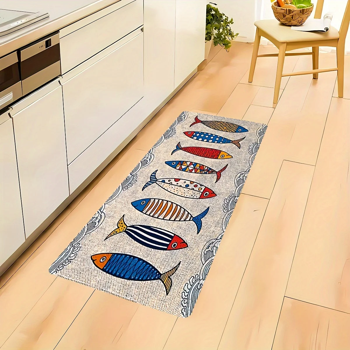 Colorful Artistic Fish Kitchen Bath Mat, Non-Slip Soft Absorbent Long Floor Rug with Nautical Wave Border for Coastal Home Decor